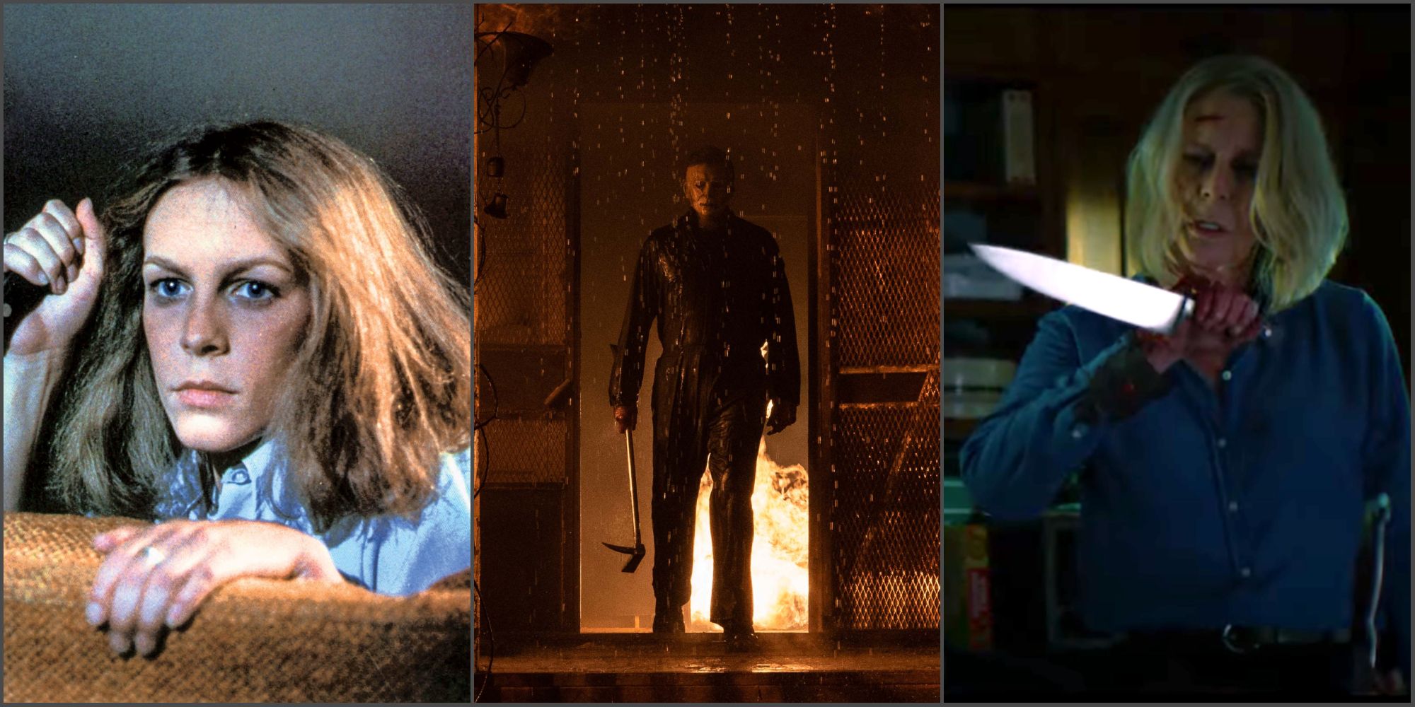 The Halloween Franchise: A young Laurie Strode holding a knife, Micahel emerging from a burning building, and older Laurie holding a knife