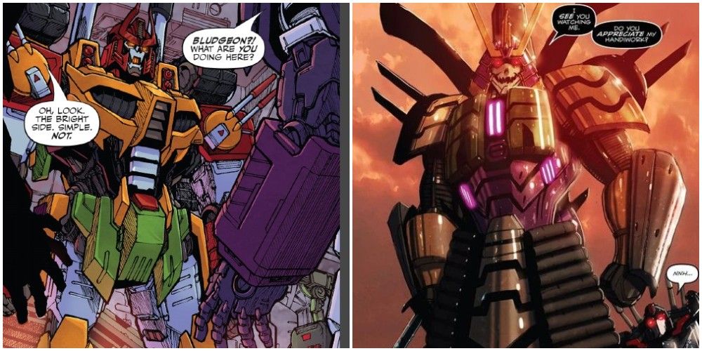 Uma imagem dividida de duas versões diferentes de Bludgeon dos quadrinhos IDW Transformers