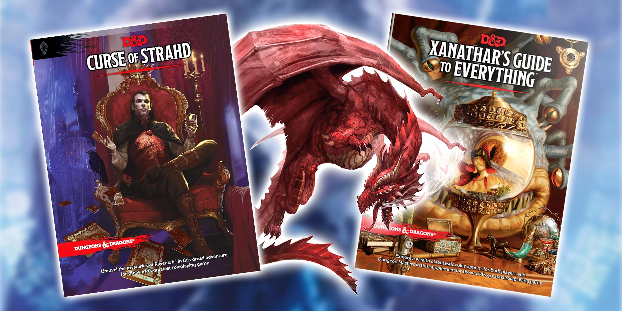 Two Dungeons and Dragons books with a red dragon between them
