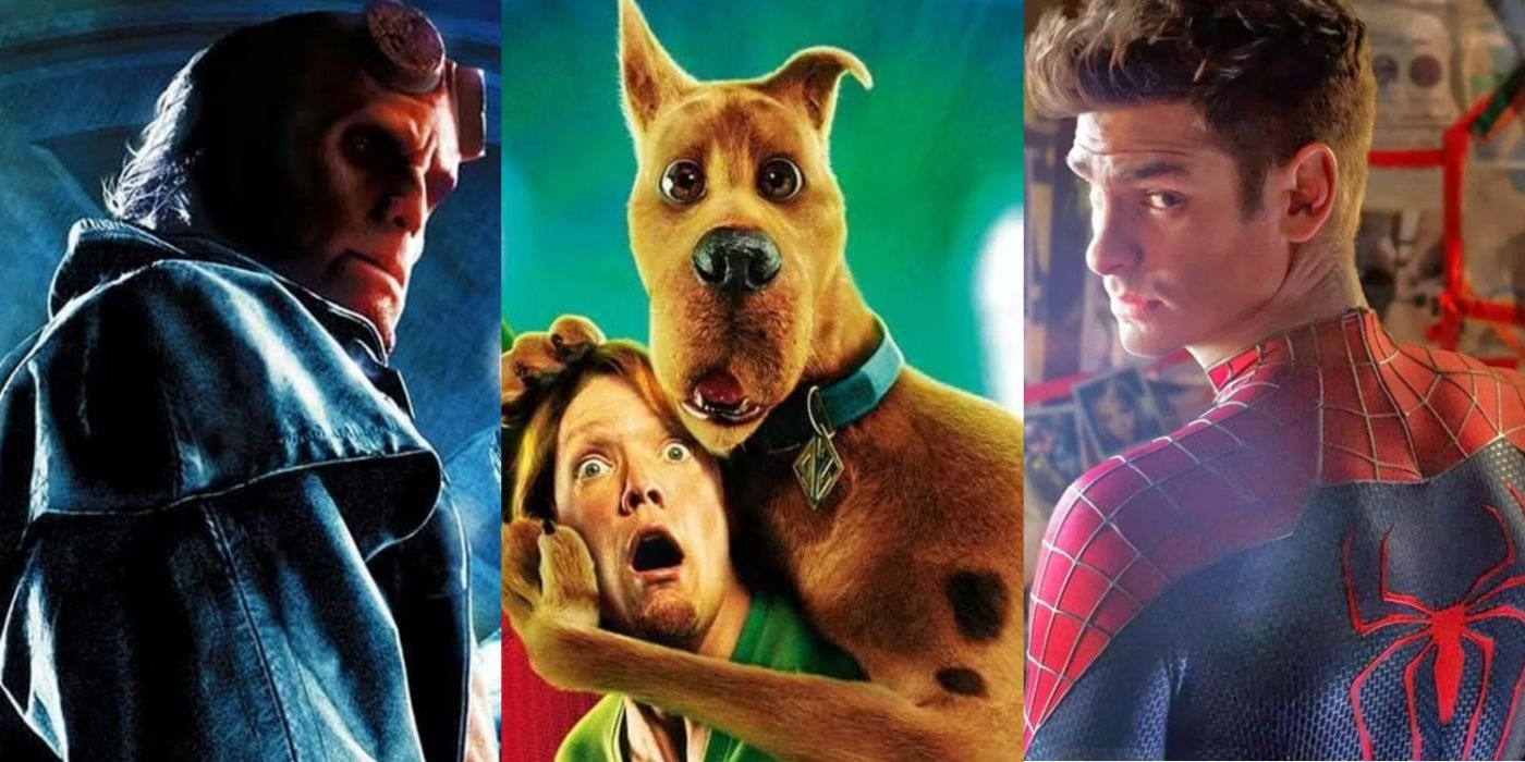 A split image of Hellboy, Shaggy & Scooby-Doo, and Andrew Garfield's Spider-Man