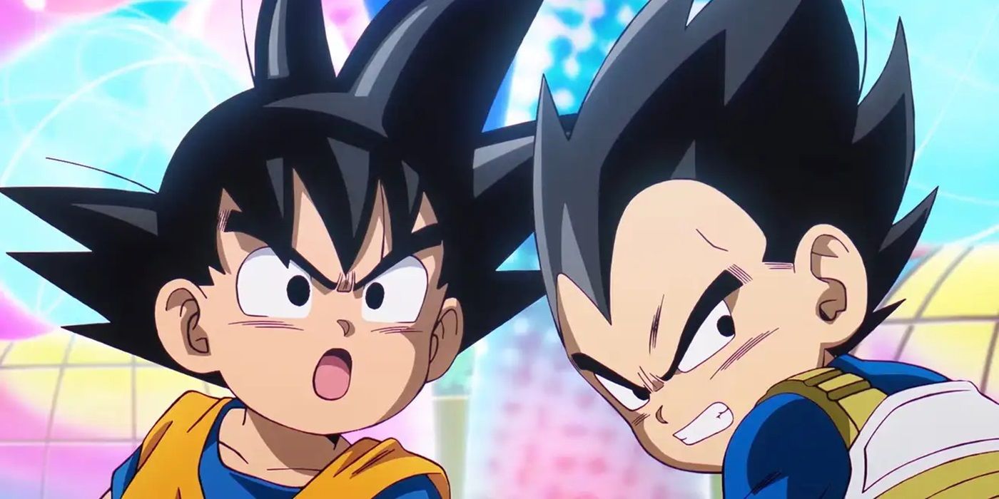 Goku and Vegeta in child form in Dragon Ball Daima with angry expressions.