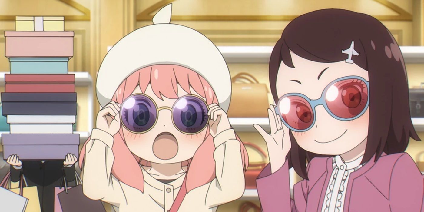 Anya and Becky from the Spy x Family anime trying on glasses while shopping in Episode 24