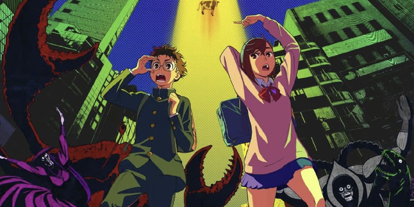 Ken Takakura and Momo Ayase run away from aliens in the Dandadan anime.