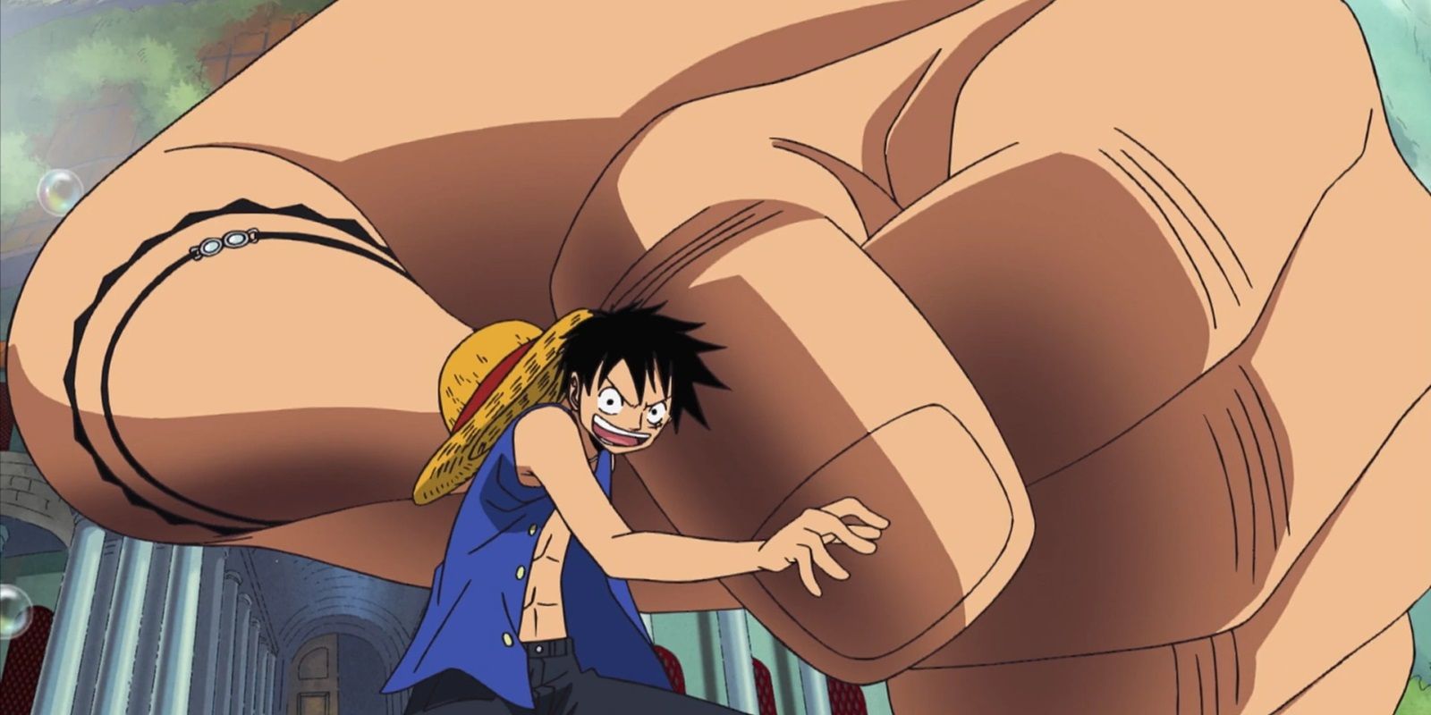 Luffy se preparando para atacar usando a técnica Gear 3 em One Piece com um braço enorme