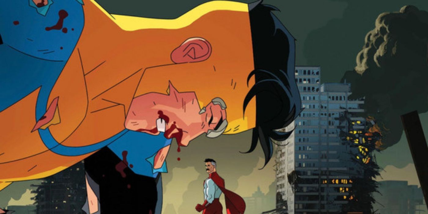 Mark bloodied and beaten down as his father Omni-Man watches on in Invincible promo art.