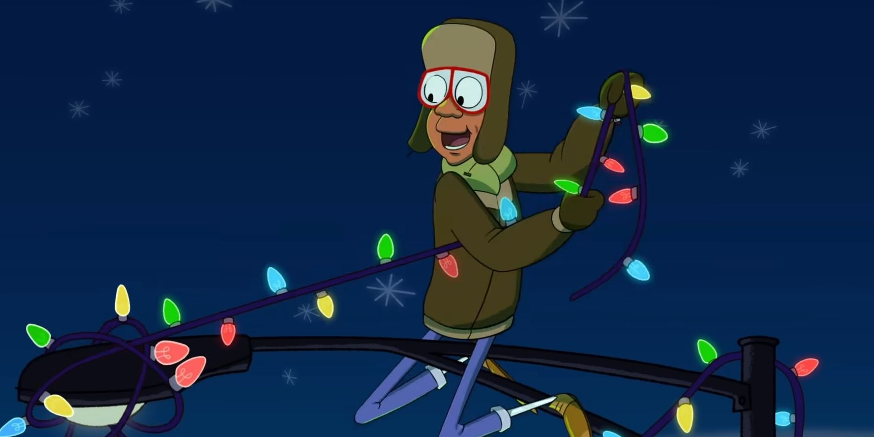 An animated Steve Urkel putting up Christmas lights in Urkel Saves Christmas. 
