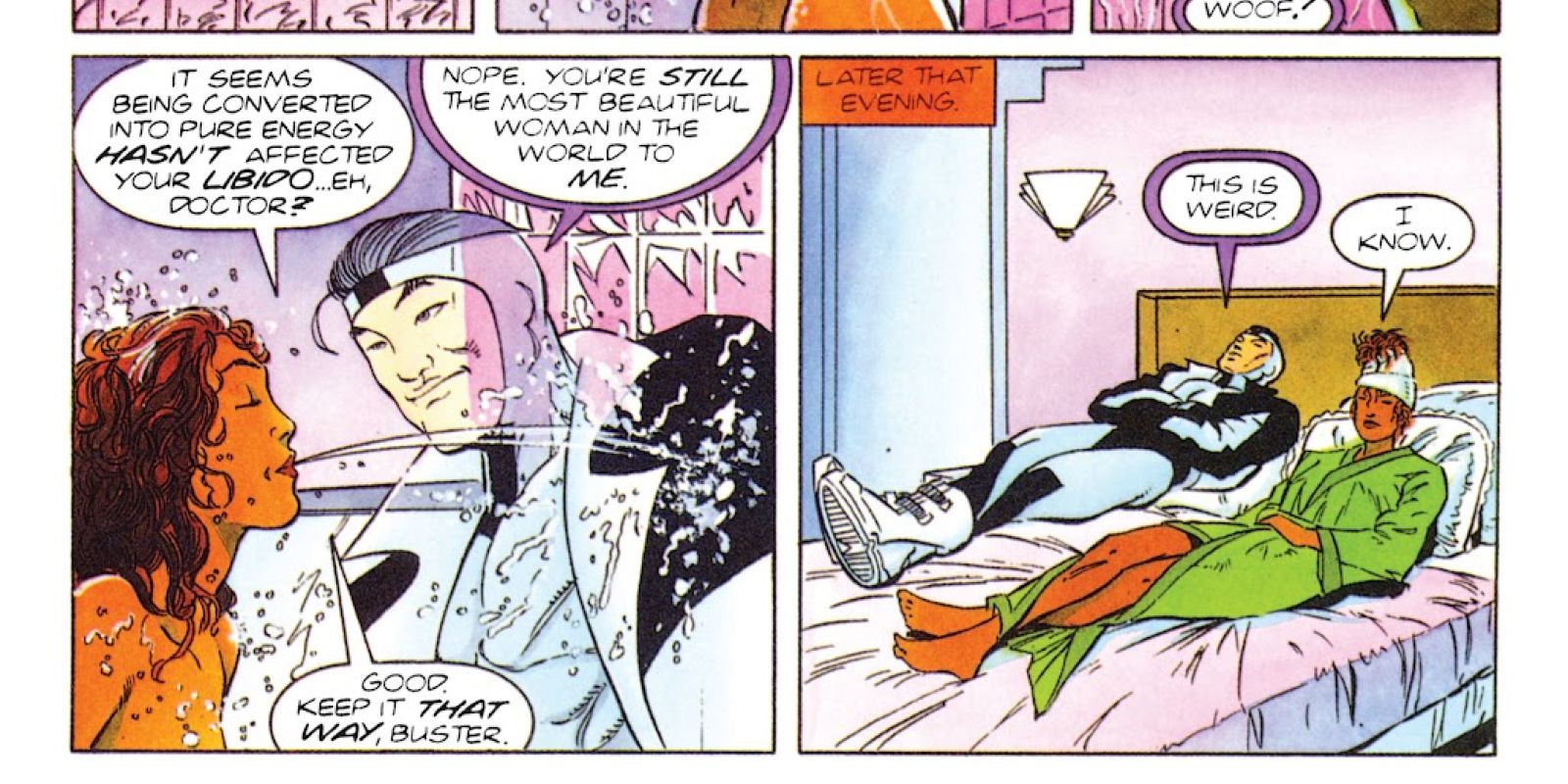 Doctor Mirage has a conversation in bed beside his wife.