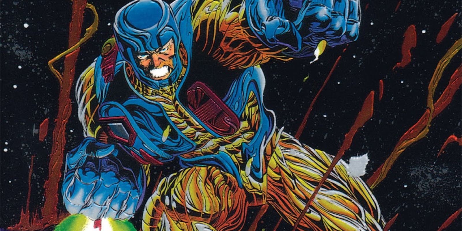 X-O Manowar fighting an unseen enemy in space.