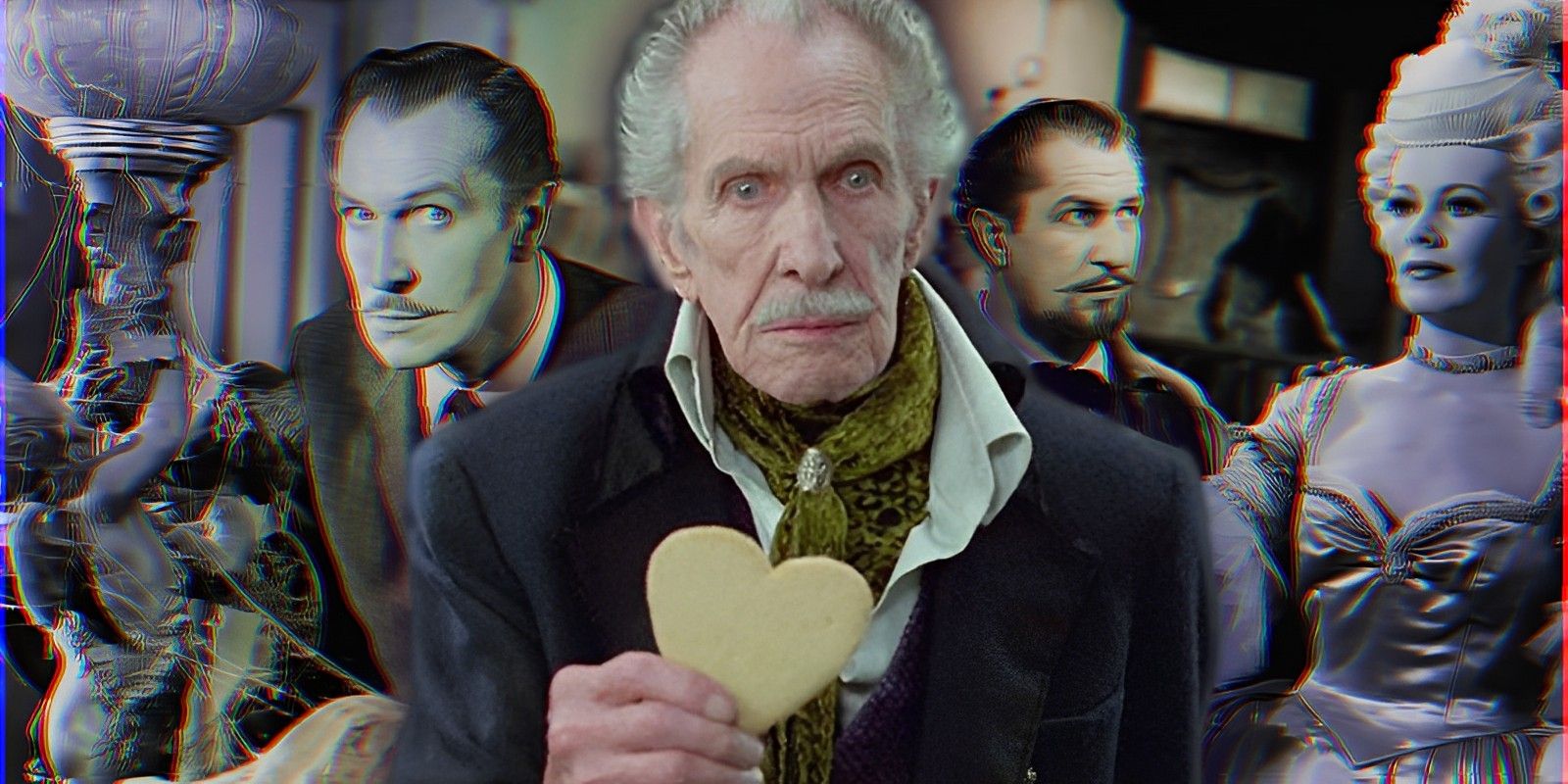 Vincent Price holding a heart in Edward Scissorhands with stills from House of Wax and Haunted Hill.