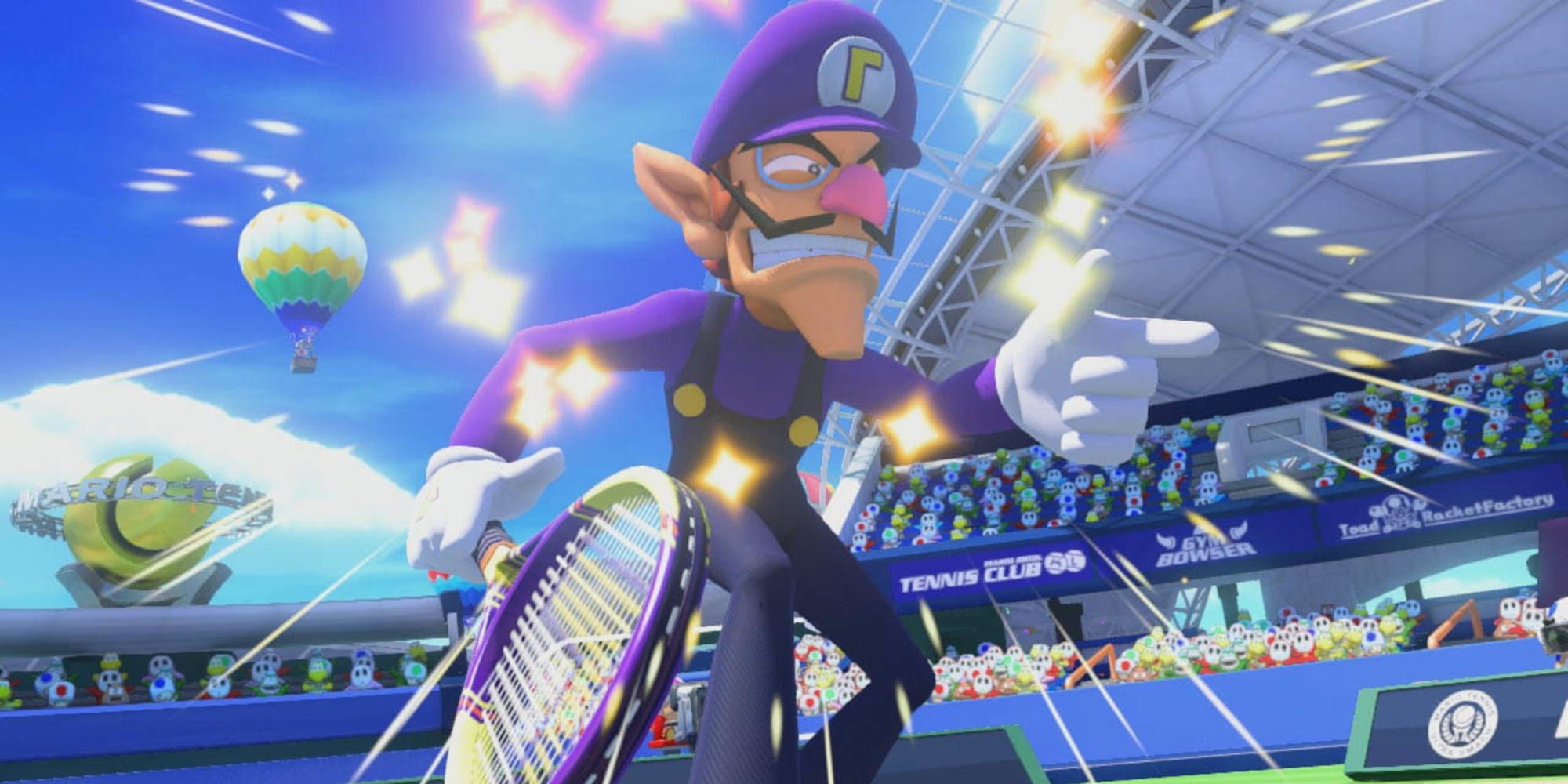 The infamous Waluigi from Mario Tennis: Ultra Smash for the Wii U.