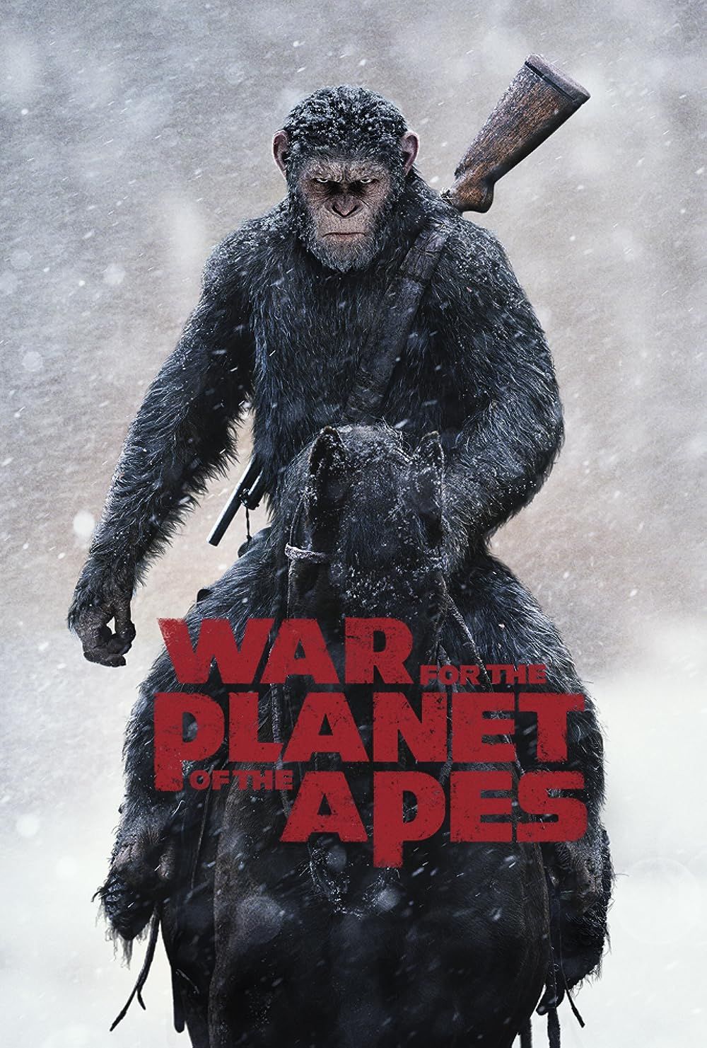 Caesar rides a horse while it snows in War For The Planet Of The Apes poster.