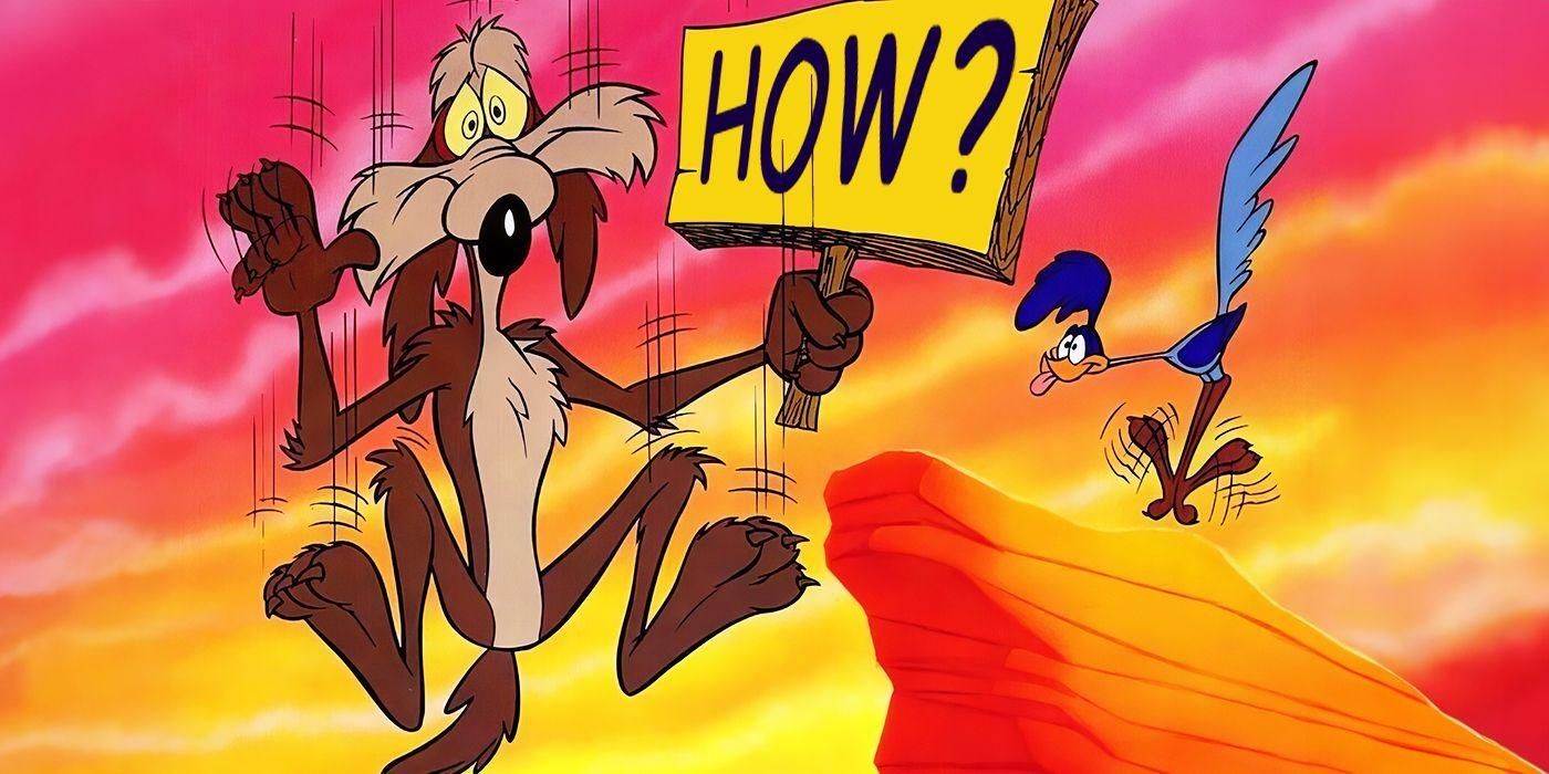 Wile E. Coyote holding up a sign that says 