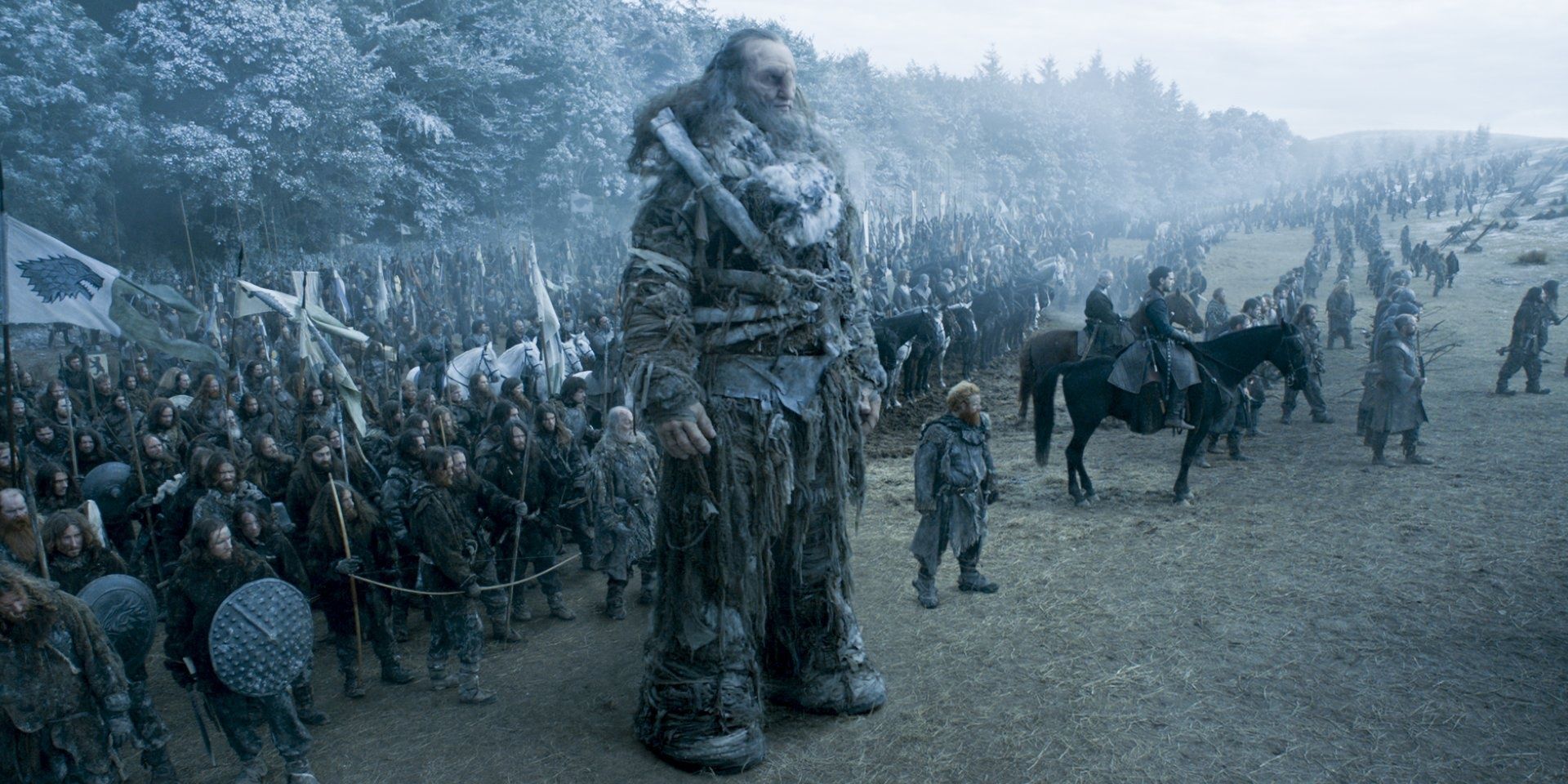 Wun Weg Wun Dar Wun stands with the other members of the Wildling army at the Battle of the Bastards in Game of Thrones.