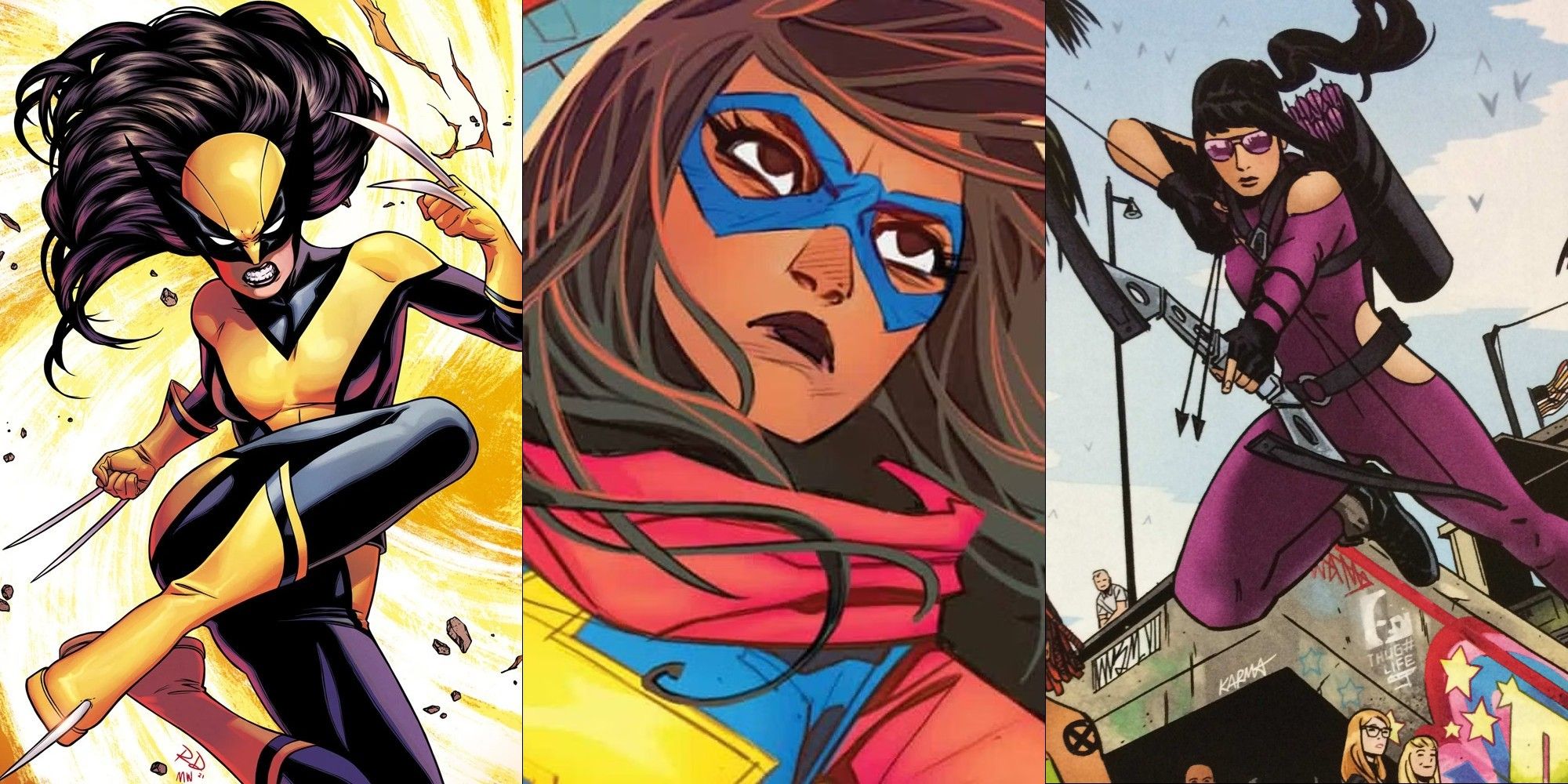 A split image of Laura Kinney as Wolverine, Ms. Marvel, and Kate Bishop as Hawkeye
