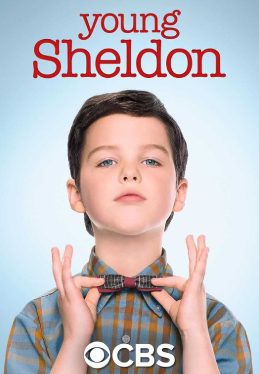 Young Sheldon CBS promotional image with Sheldon straightening his tie
