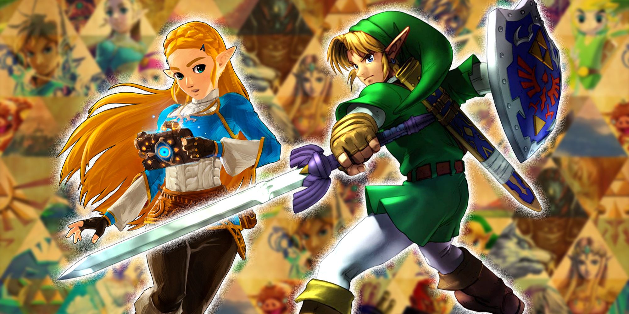 Zelda and Link in front of Legend of Zelda trifoce collage
