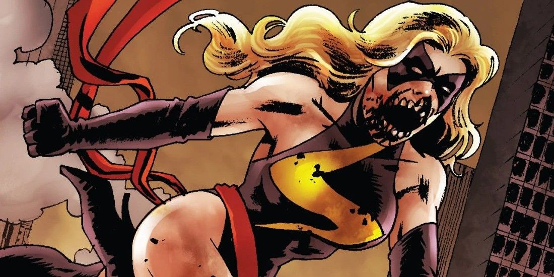 Zombie Carol Danvers flying with her mouth open and ready to devour her next victim