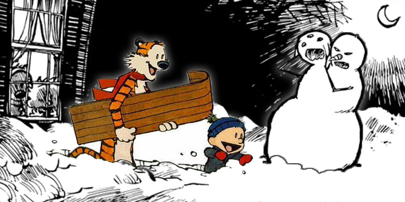 Collage of Calvin and Hobbes in the snow with the Snow Goon