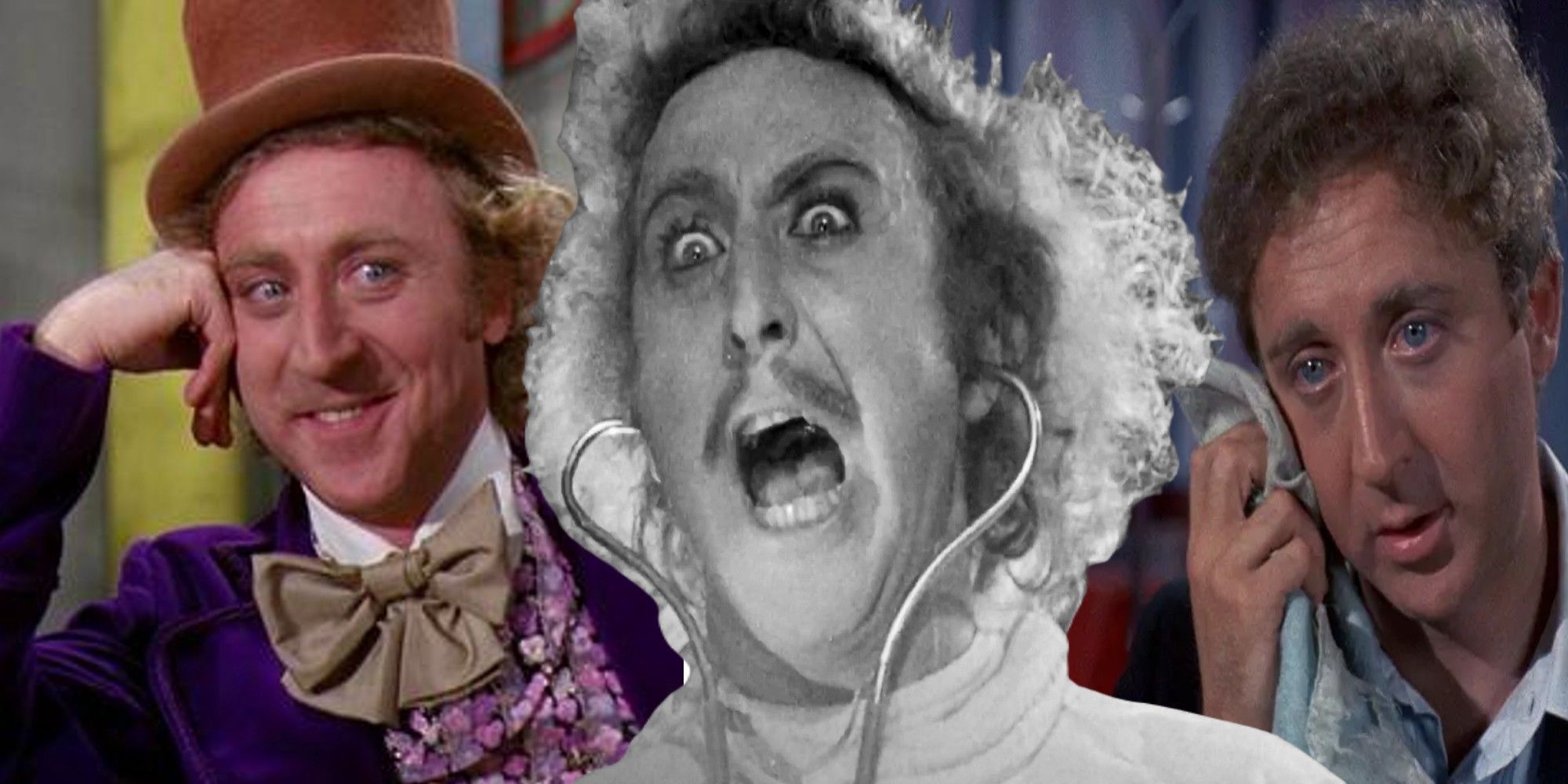 Collage of Gene Wilder looking right as Wonka, screaming, and holding a rag.