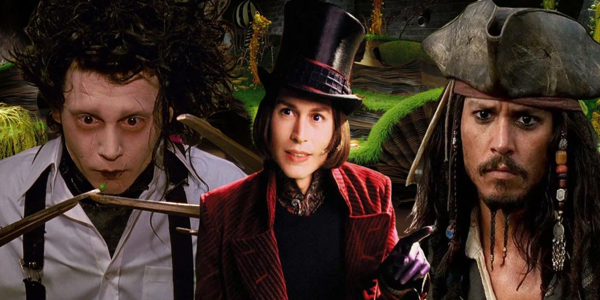 Collage image of Johnny Depp as Edward Scissorhands, Willy Wonka, and Jack Sparrow
