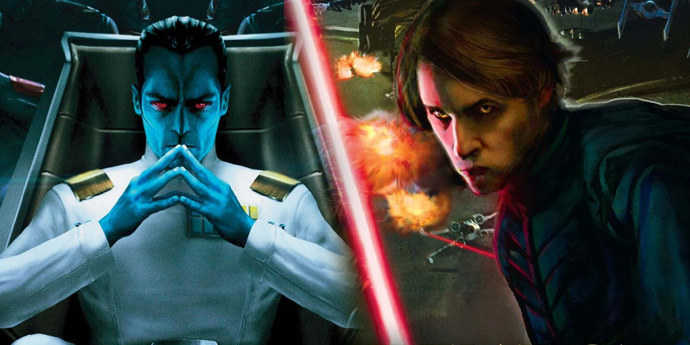 Split image of Thrawn and Darth Caedus from Star Wars Legends