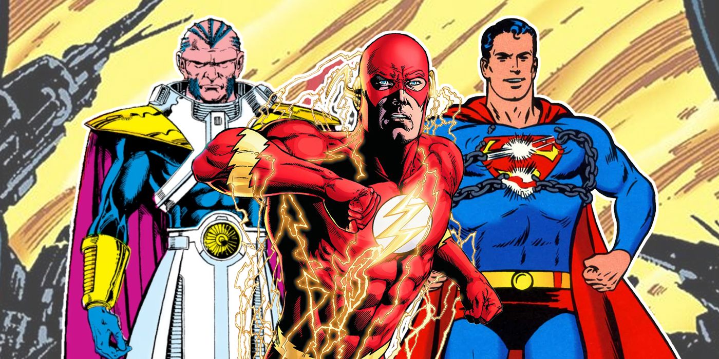 Flash, Monitor, and Golden Age Superman with DC's Crisis in the background