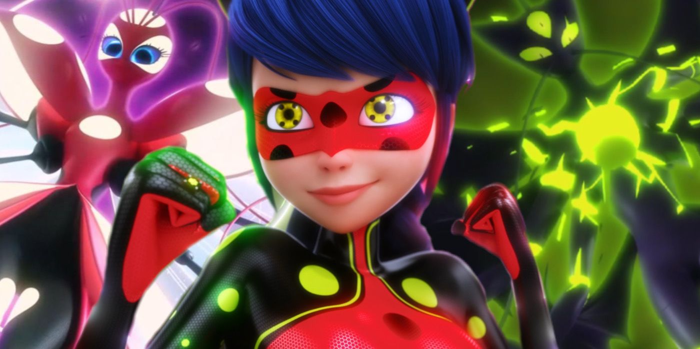 Marinette as Bug Noir in the center with Tikki in her true form on the left and Plagg in his true form on the right.
