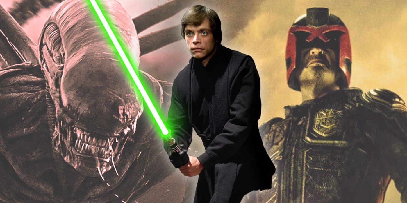Collage of Luke Skywalker with Alien's Xenomorph and Dredd's Judge Dredd in the background
