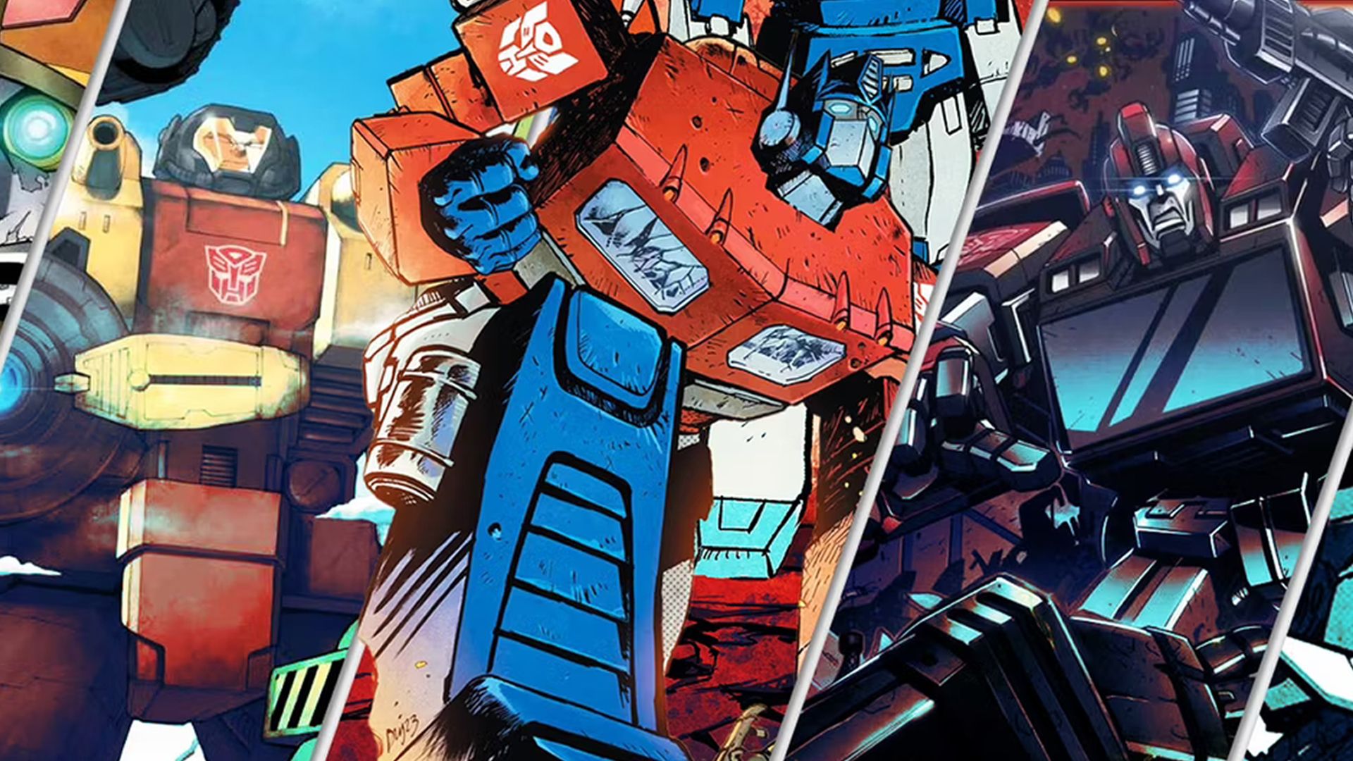 A split image of Optimus Prime leading Autobots into battle in the Transformers comics