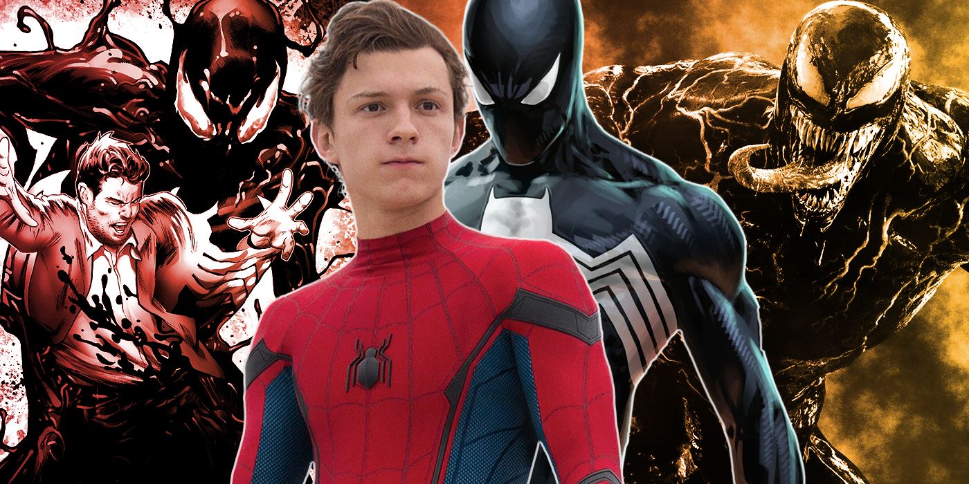 Tom Holland as Spider-MAn with the black suit Spider-Man standing behind him and Sony's Venom and the comic cover to Symbiote Spider-Man in the background