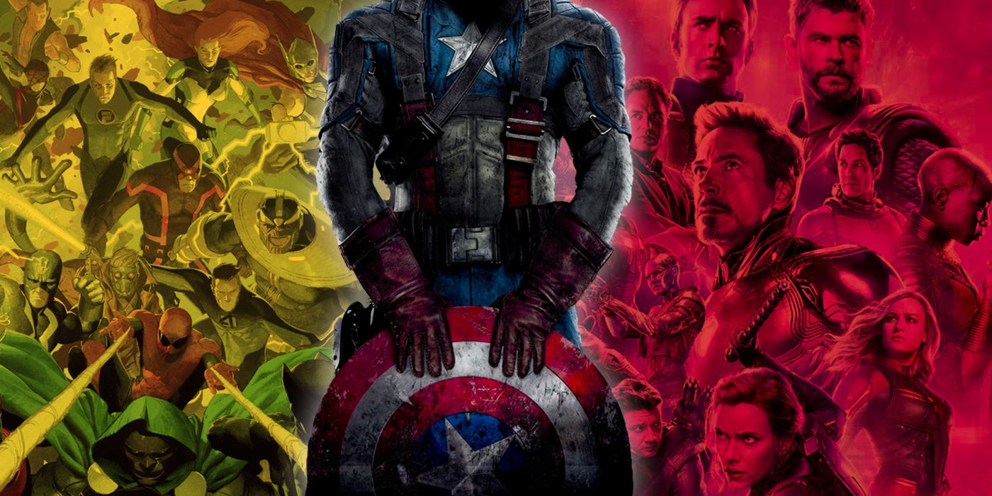 Captain America with his head obscured and images of Secret Wars and Endgame in a red and yellow background