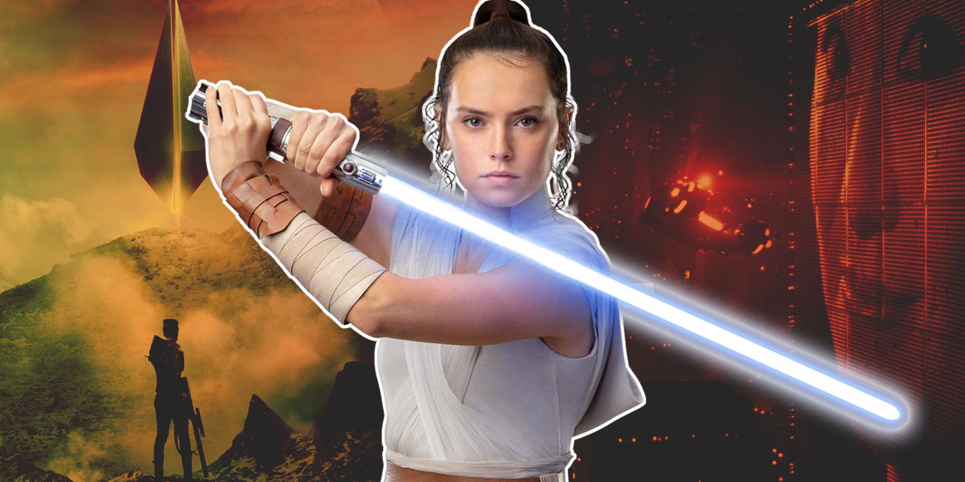 Rey Skywalker holding her lightsaber with images from Foundation and Blade Runner in the background