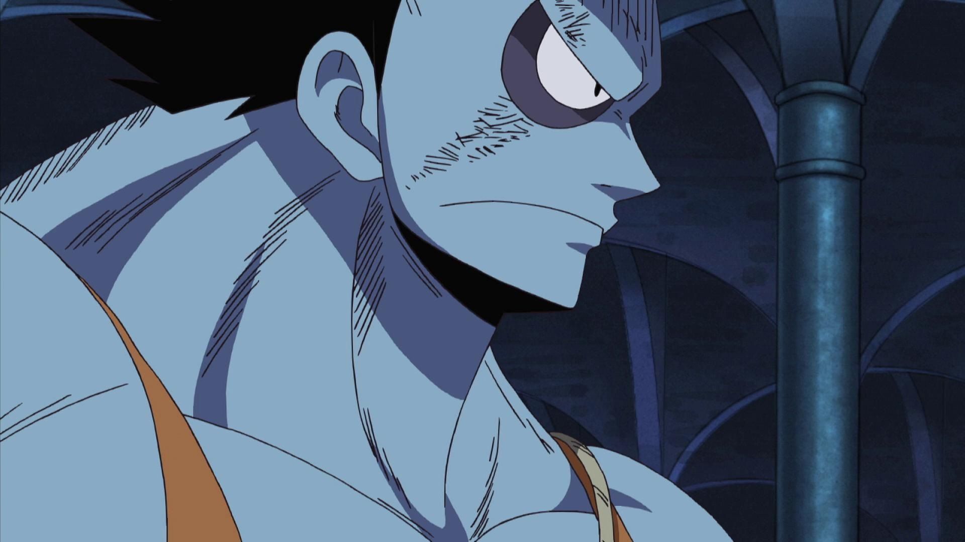 a closeup of nightmare luffy looking to the side