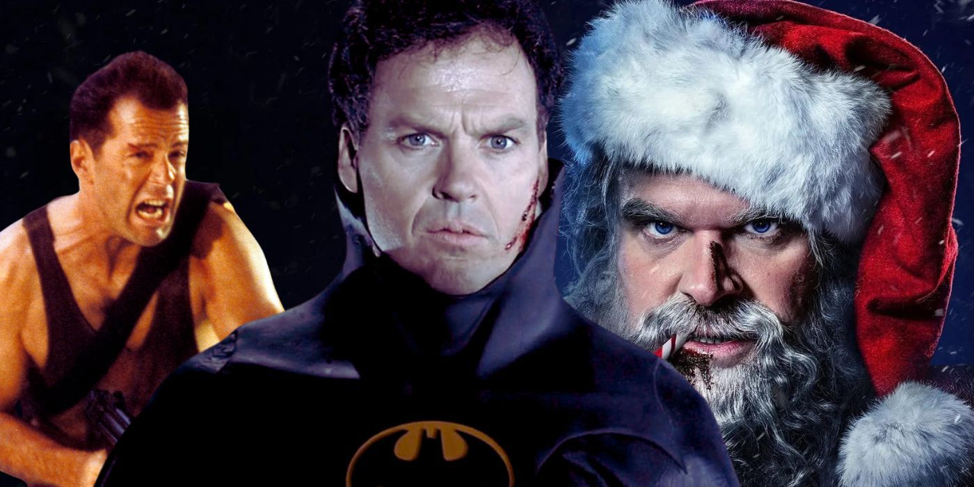 A combined image of Die Hard, Batman Returns, and Violent Night