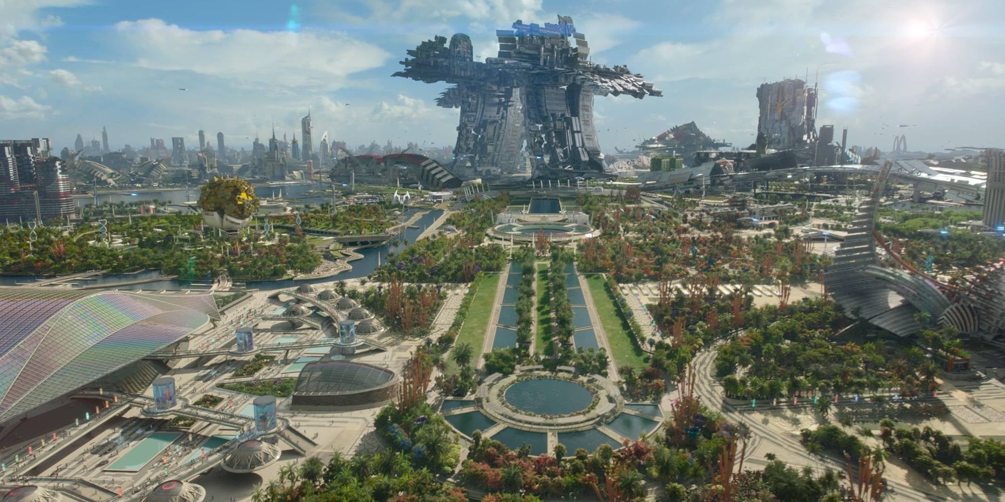 Aerial shot of the sprawling, sci-fi landscape of the MCU's Xandar