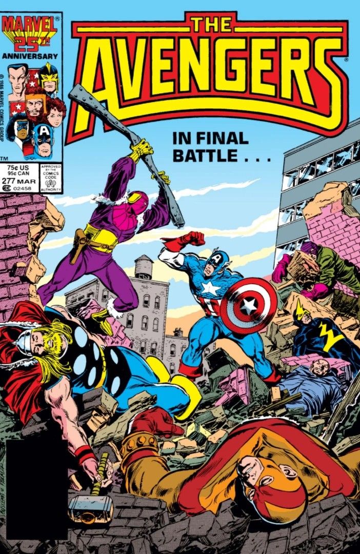 Capitão América e Zemo lutam, cercados por Vingadores derrotados em Avengers #277 da Marvel Comics