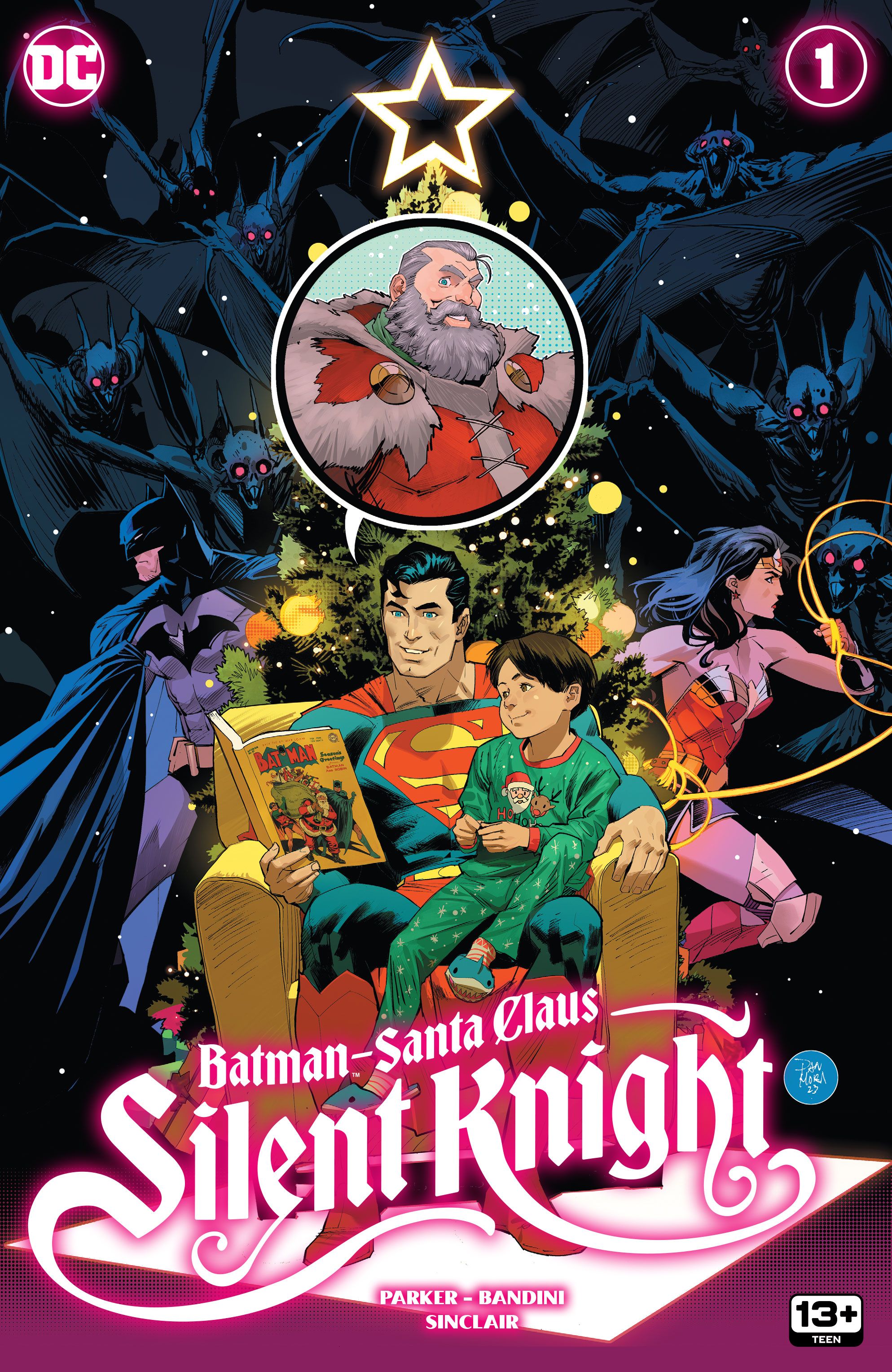 Superman lendo para criança com Batman e Mulher Maravilha ao fundo na capa de Batman / Papai Noel Silent Knight #1.