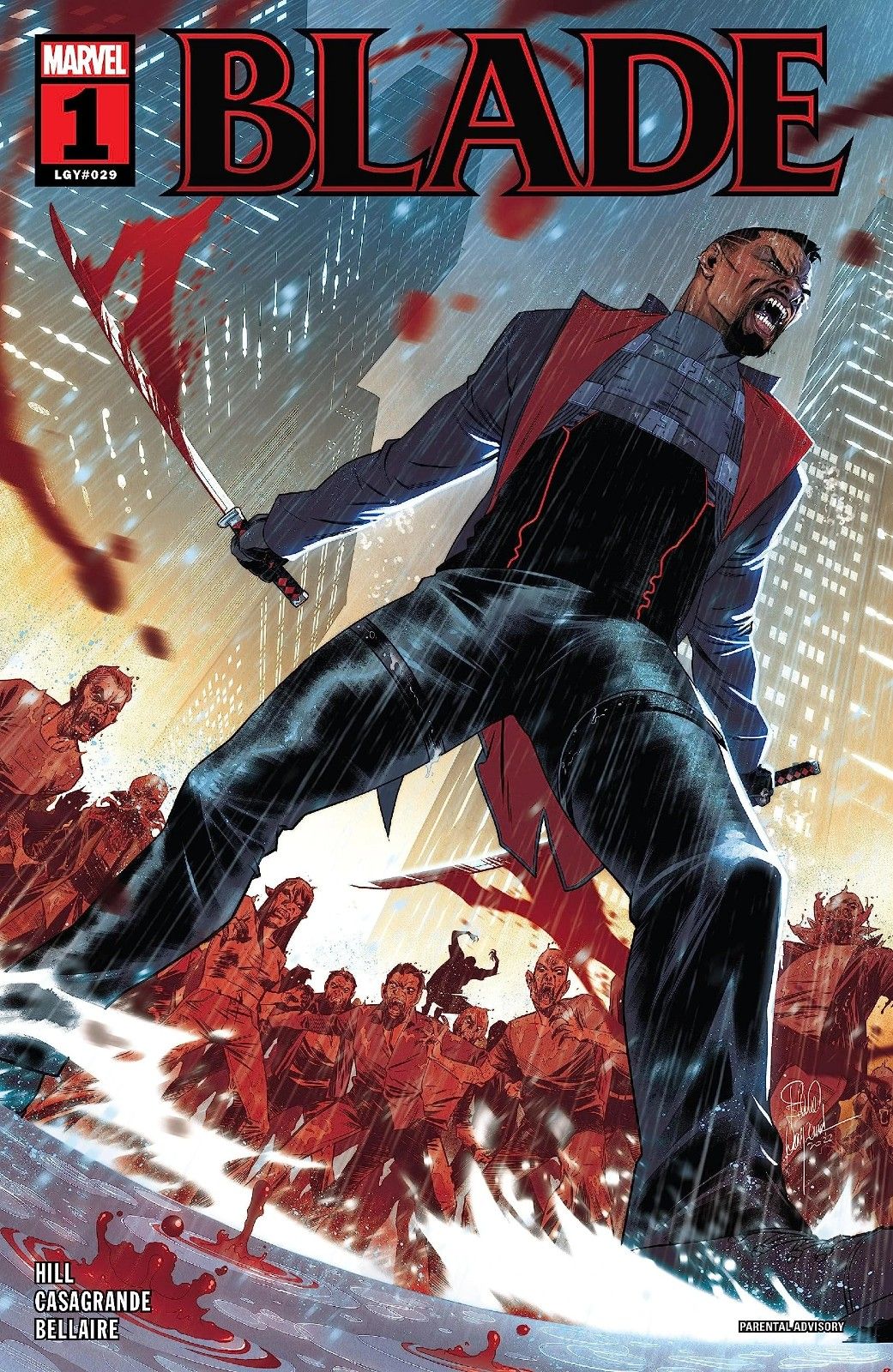 Blade battles an army of vampires on the cover of Blade (Vol. 5) #1 by Marvel Comics