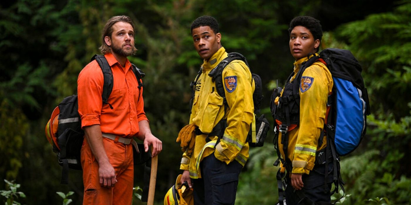 Max Thieriot as Bode Leone, Jordan Calloway as Jake Crawford, and Jules Latimer as Eve Edwards in Fire Country