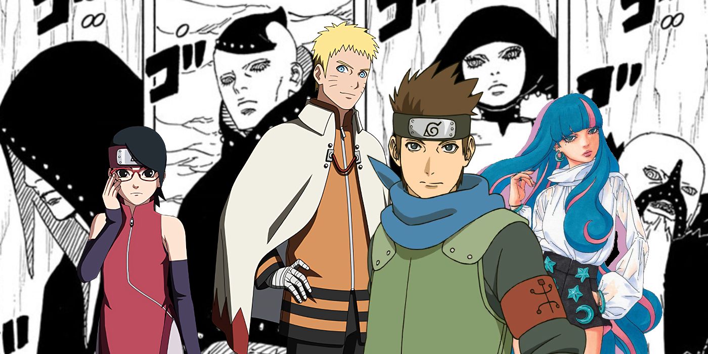 Naruto Uzumaki, Konohamaru Sarutobi, Sarada Uchiha, and Eida in front of Jura, Matsuri, Hidari, and Bug's Divine Tree clone.