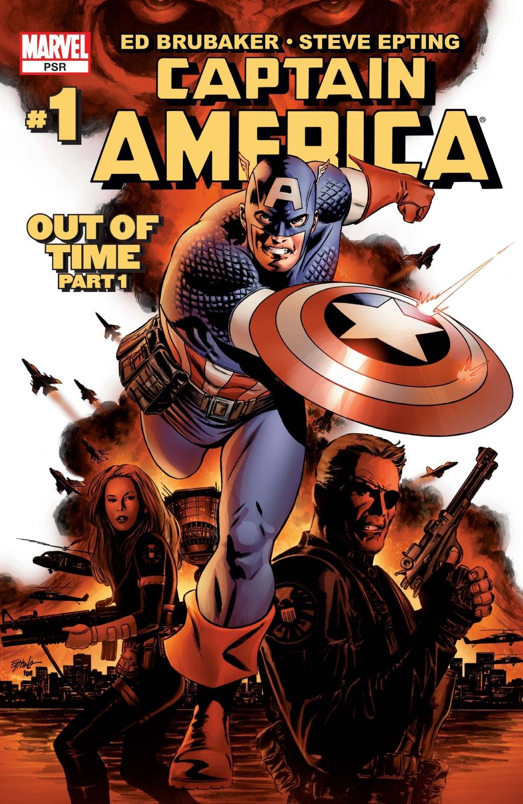 Capitão América corre com uma explosão atrás dele em Capitão América (Vol. 5) #1 da Marvel