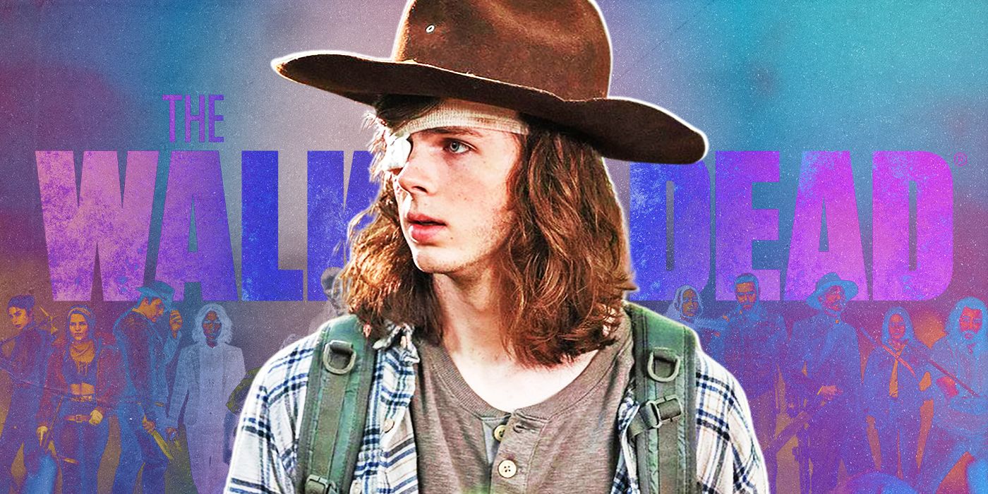 Carl Grimes looking to the side in front of The Walking Dead logo