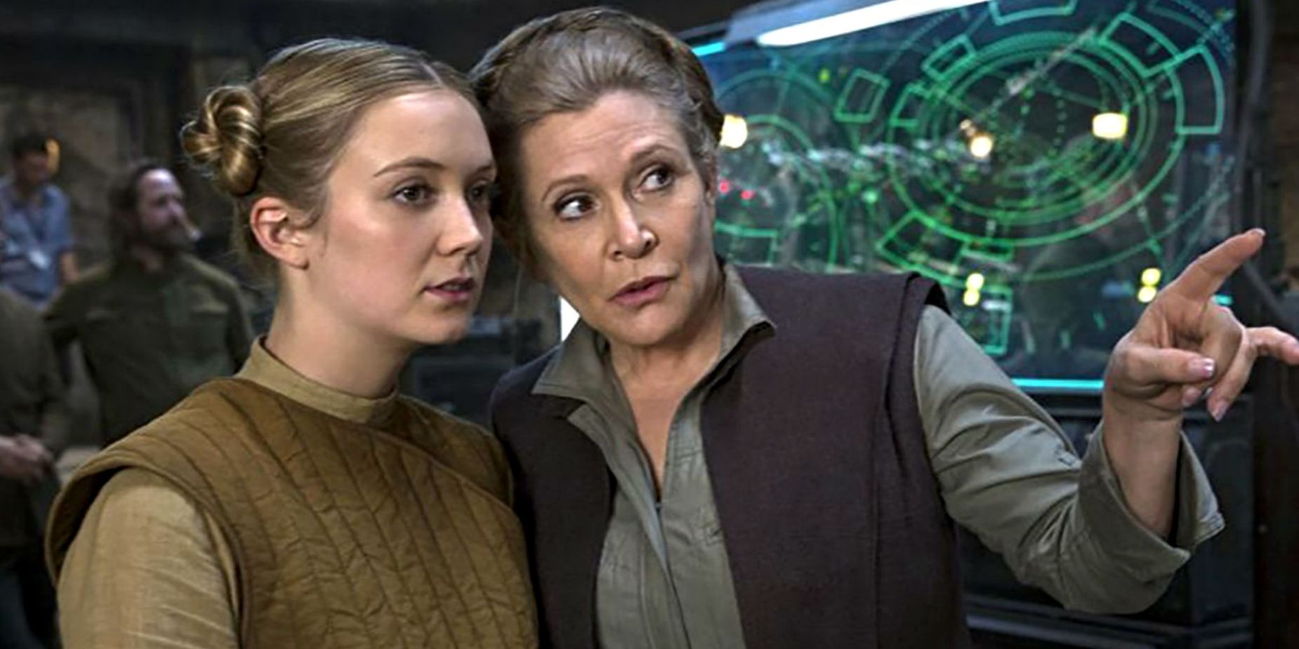 Carrie Fisher and Billie Lourd on a Star Wars movie set