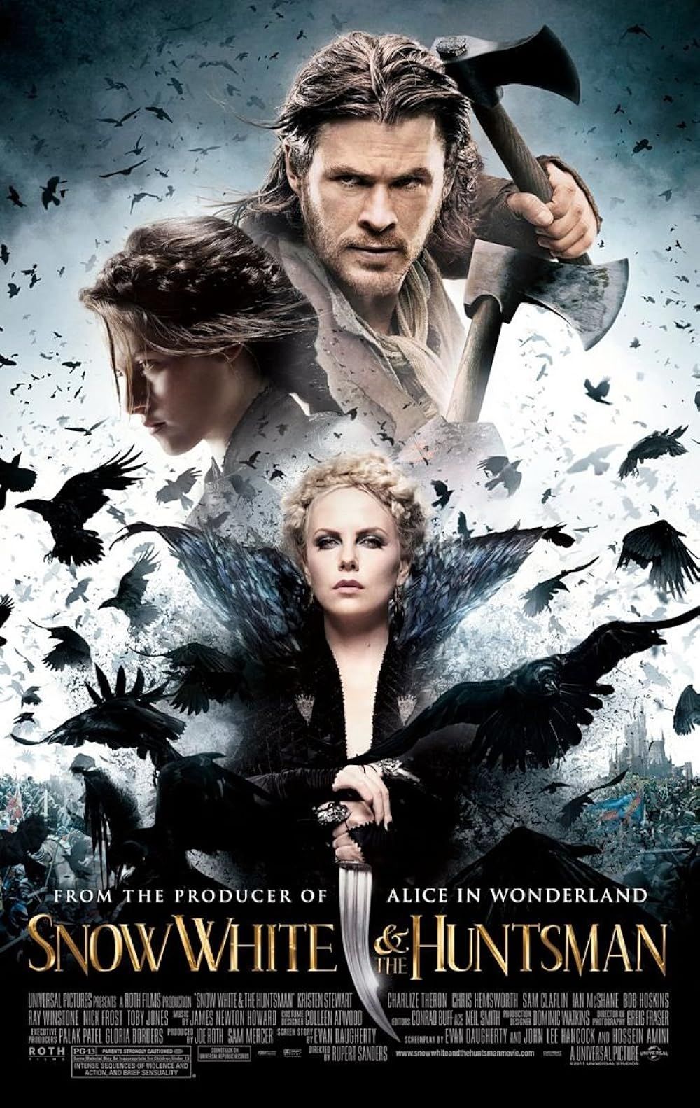 Chris Hemsworth, Kristen Stewart and Charlize Theron with Ravens on the Snow White and the Huntsman Poster