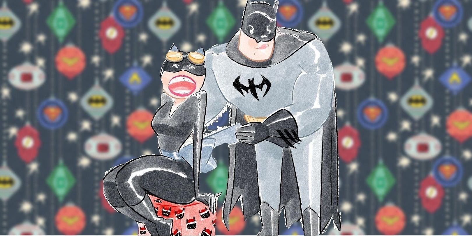 Batman unwrapping his cat-like Christmas present