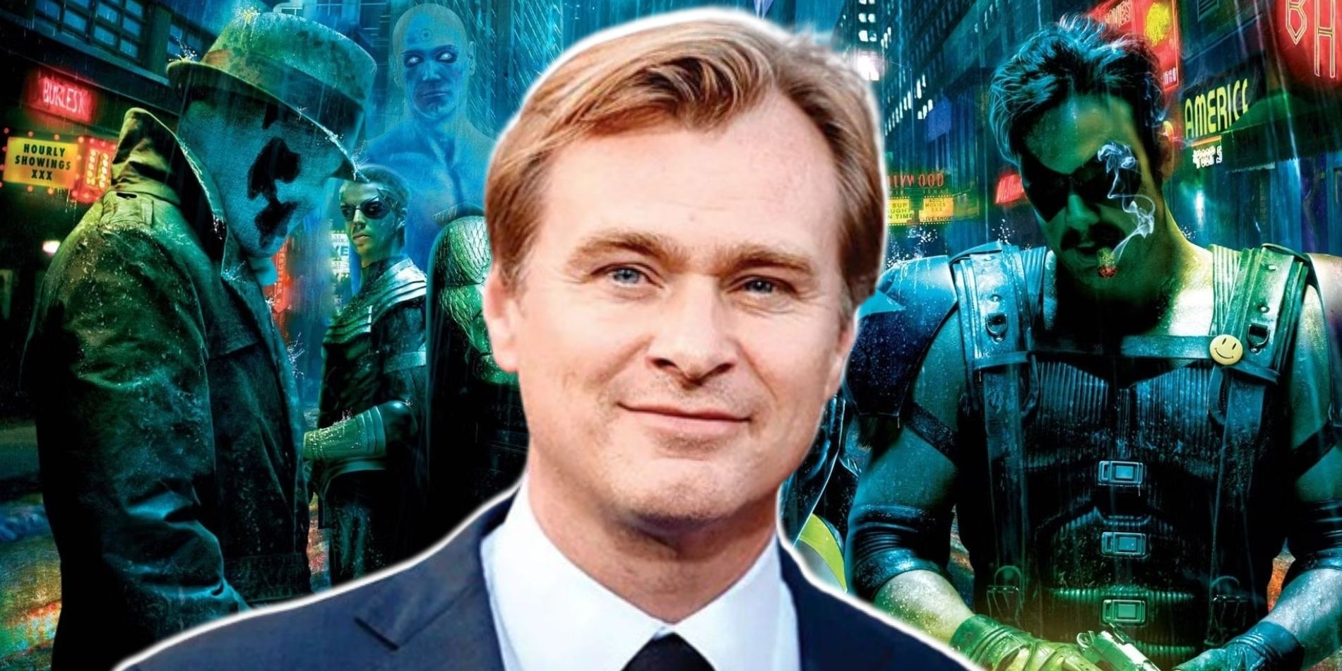 Christopher Nolan in front of a still from the live-action Watchmen adaptation