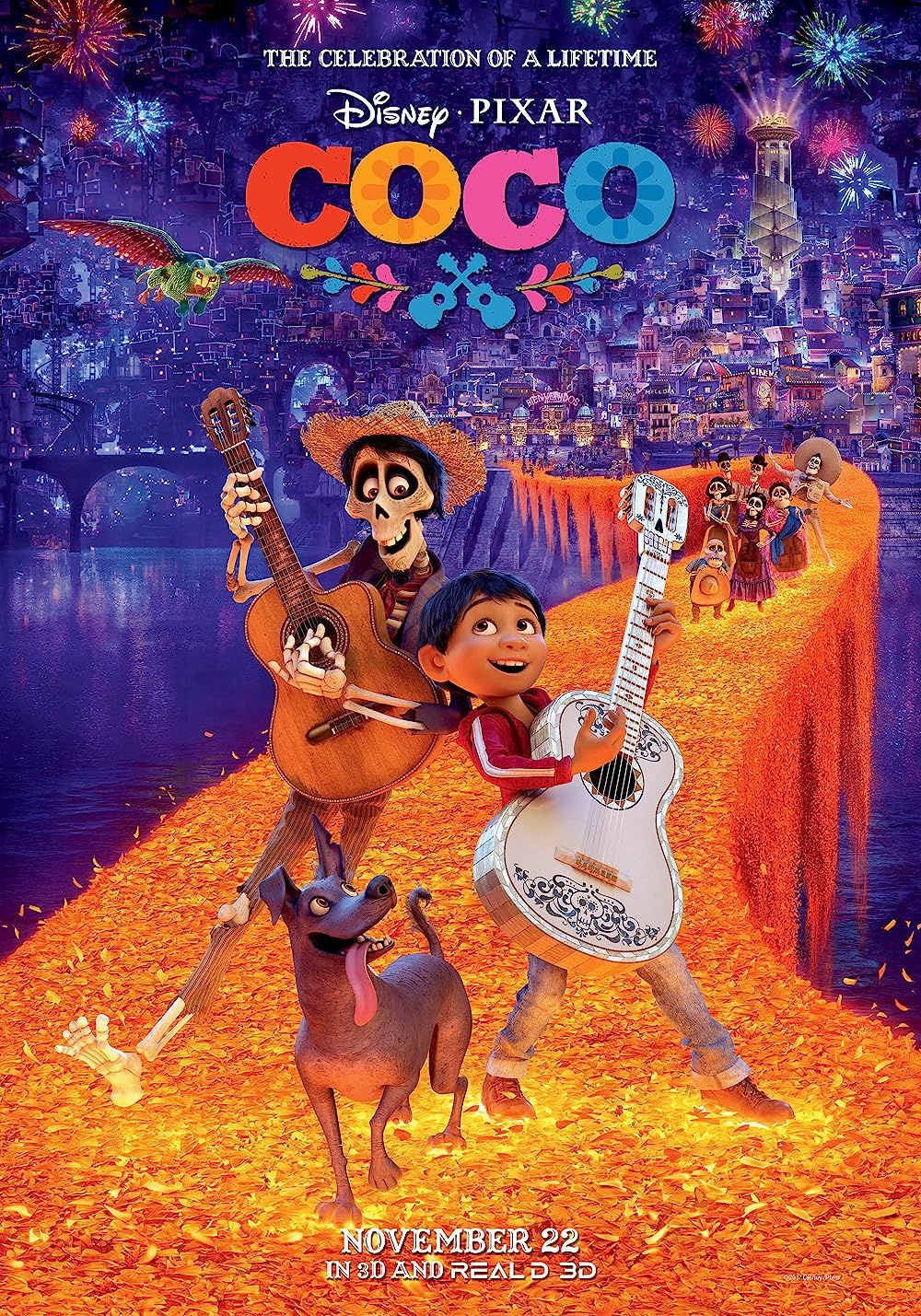 The cast of Pixar's Coco poses on the bridge in the official movie poster.