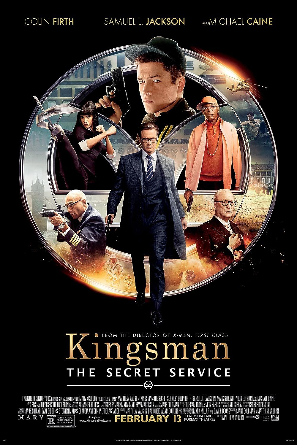 Colin Firth, Samuel L. Jackson, Michael Caine, Mark Strong, Sofia Boutella, and Taron Egerton in Kingsman- The Secret Service (2014)