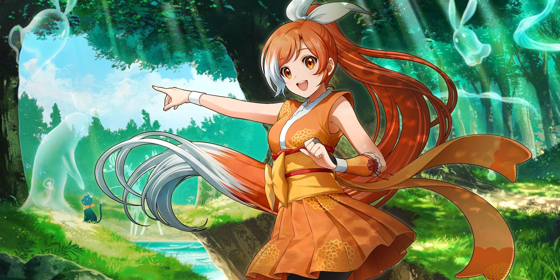 Official visual of Crunchyroll's Hime mascot pointing in the distance in a magical forest