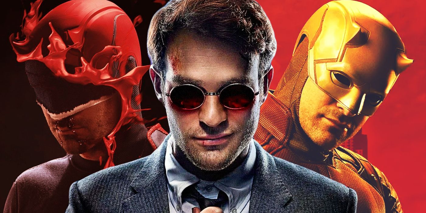 Split: Charlie Cox as Daredevil in red suit, Matt Murdock, and in yellow suit